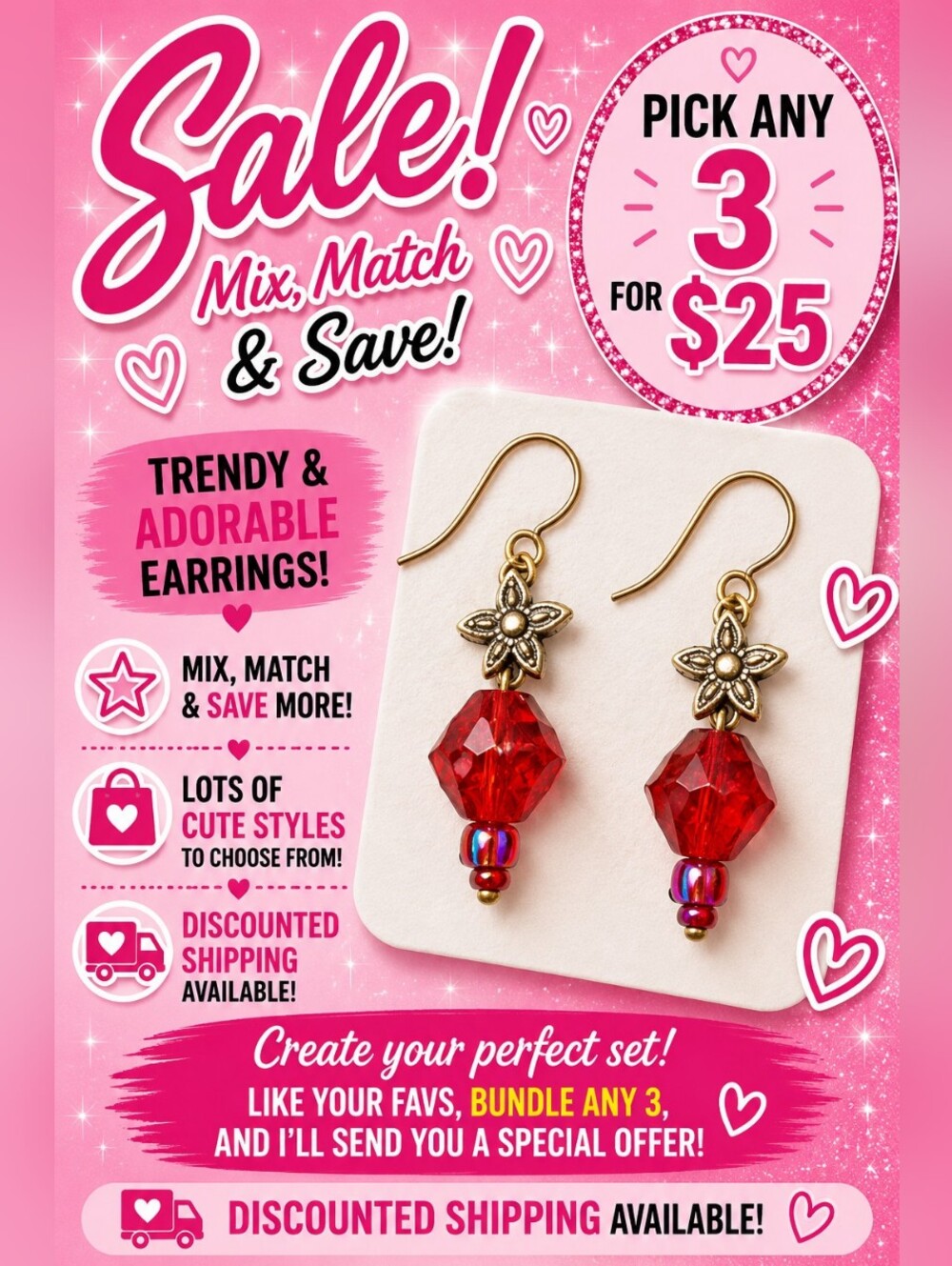 Handmade Red Crystal Bead Dangle Earrings Floral Charm Boho Jewelry